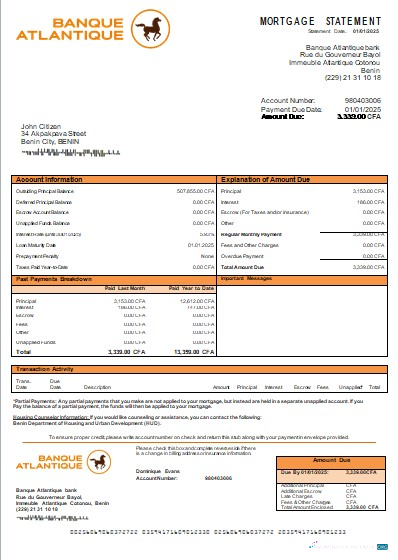 Download Benin Banque Atlantique bank mortgage statement scr Photoshop template